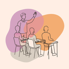 Classroom Silhouette Teacher Standing with Students Seated at Desks in a Row