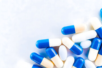 A close-up of blue and white capsules symbolizing health and wellness solutions