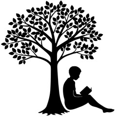 Vector silhouette of a person sitting under a tree reading a book on a white background
