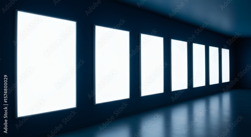Poster light in the dark gallery of illumination with minimalist blue space.