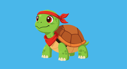 Cute Cartoon Turtle Character with Red Bandana (Side View).   Friendly, cute character. Ideal for children's themes, animal-related content, and playful branding.