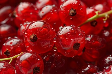 Macro photograph showcasing the glistening texture of fresh red currants coated in water droplets