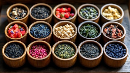 Assorted Teas in Wooden Bowls.