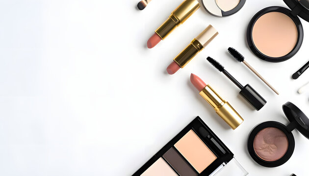 Stylish and minimal flat lay of lipstick collection with mascara and powder — soft tones and professional layout for beauty and skincare brands