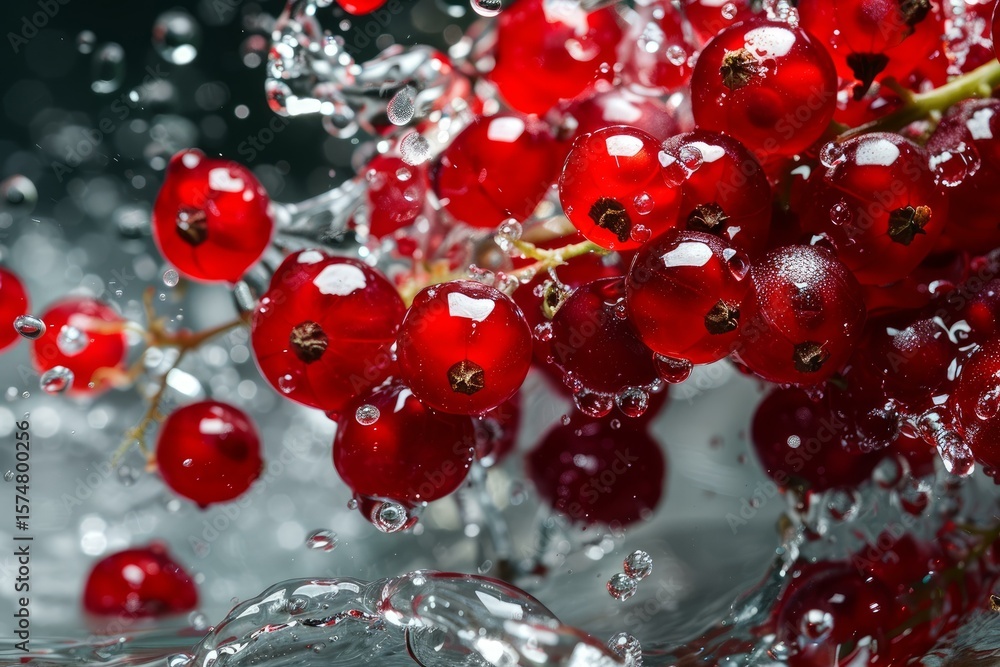 Aufkleber ripe redcurrant berries making a splash as they fall into clean water, creating dynamic droplets and