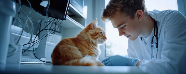 Male vet doctor examining a red cat in the animal clinic