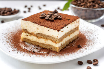 Classic Italian dessert, tiramisu, served on a white plate with coffee details