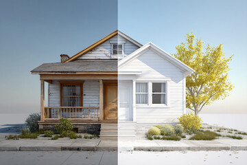 Old wooden house restored into fresh white home before and after view
