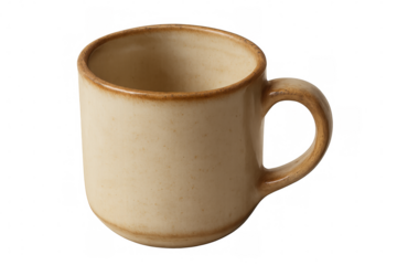 Minimalist beige ceramic mug standing empty, clean silhouette rendered against transparent background, perfect for graphic design integration