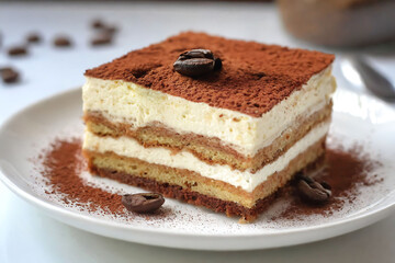 Classic Italian dessert, tiramisu, served on a white plate with coffee details