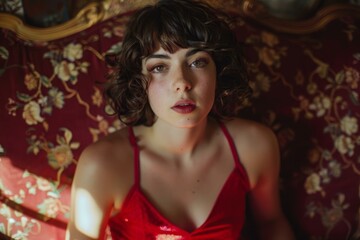 Fototapeta premium Model wearing a red dress posing on a vintage couch in a luxurious setting