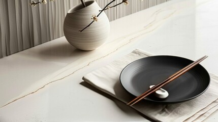 Elegant Dining Setup: Minimalist Design with Black Plate, Wooden Chopsticks, Ceramic Vase and Modern Neutral Background on White Marble Countertop