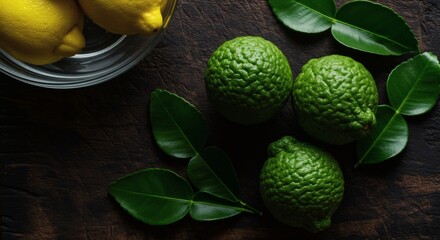 Bergamot Bounty Fresh citrus fruits with leaves on a rustic wood board.