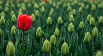 Standout Single Red Tulip Blooms Among a Sea of Green Buds in the Field.