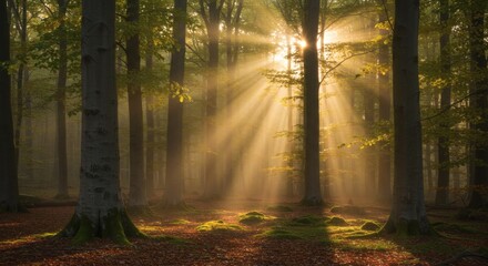 Sunbeams Dance Autumn Light Through Forest Trees with Mystical Morning.