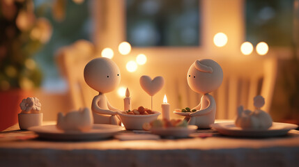 Romantic dinner table setting with candlelight and heart decor  