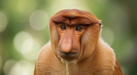 Borneos Big Nose Proboscis Monkey Gaze Lush Rainforest Bokeh Backdrop.