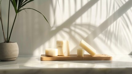 Serene Still Life: Artisan Soaps on a Bamboo Tray Bathed in Soft Sunlight and Tropical Shadows Creates a Calm Aesthetic