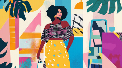 Plus-size woman in fashionable outfit posing in vibrant shopping scene  