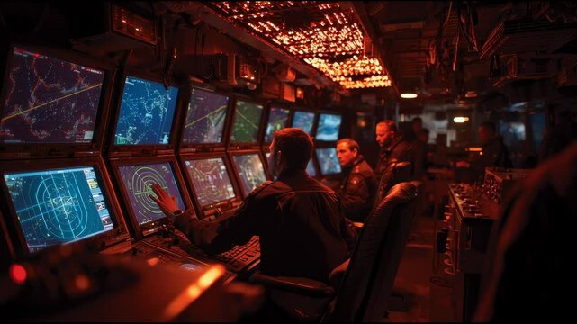 Command center interior showing multiple radar screens and operators monitoring airspace and sea traffic &mdash; dark, moody, glowing interface