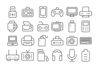 Device icon set, editable stroke line Electronic devices  mobile Smart devices, technology, computer monitor,  laptop, drone.smartphone, tablet, 