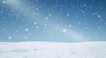 Naklejka premium Snowy Winter Landscape with Falling Snowflakes Under Blue Sky for Holiday and Seasonal Themes