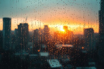 sunrise cityskyline viewed through rainy window