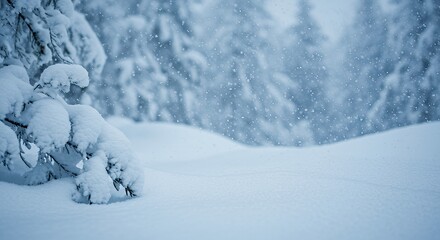 Snowy Forest Scene with Snow-covered Trees and Falling Snowflakes in Cold Winter Atmosphere