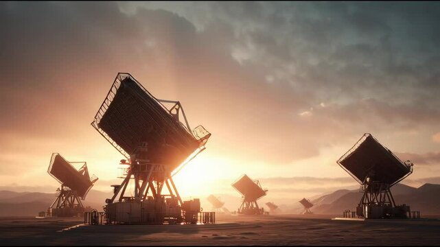 Ground-based missile defense radar array positioned in a desert, scanning the sky with a dramatic sunrise in the background &mdash; cinematic military theme