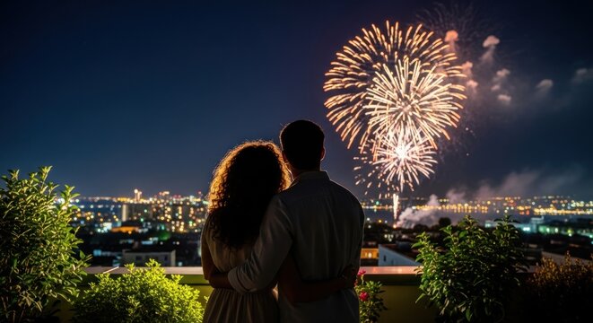 A couple watches fireworks over a cityscape from a rooftop garden on a dark night together happily - Powered by Adobe