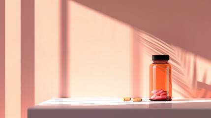 Amber bottle containing pink pills on table with shadows creating a minimalist and calming pharmaceutical or wellness concept.