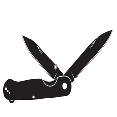 Black and white drawing of a clasp knife with two blades open, vector illustration.