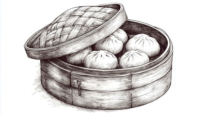 Detailed hand-drawn ink illustration of bamboo steam basket with dumplings  