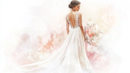 Elegant bride standing with floral bouquet in a soft watercolor style  