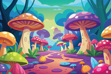 Whimsical mushroom forest with a winding path and vibrant colors