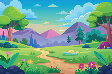 Obraz premium Vibrant cartoon landscape with winding path and colorful mountains