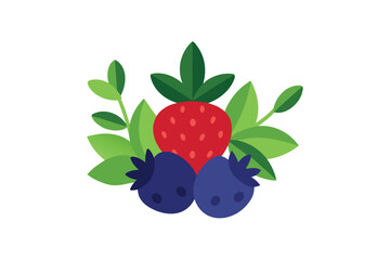Strawberry And Blueberry Mix With Leaves On White