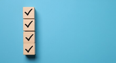 Checked wooden blocks Checklist completed with all tasks done Blue background.