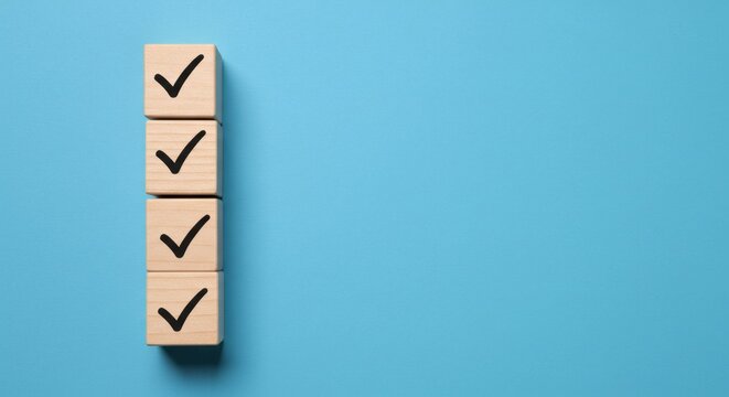 Checked wooden blocks Checklist completed with all tasks done Blue background.