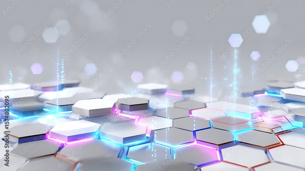 Poster futuristic hexagon network: a vibrant and dynamic digital landscape composed of interconnected hexag