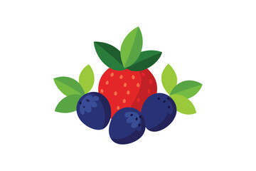 Strawberry And Blueberry Mix With Leaves On White