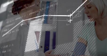 Doctor wrapping patient cuff, pressing button, monitoring line chart, code overlays for BP reading - Powered by Adobe