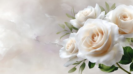Obraz premium Elegant Roses: A close-up shot of pristine white roses in full bloom, delicately arranged to showcase their perfect petals and graceful beauty. Evokes feelings of purity, love, and natural splendor.