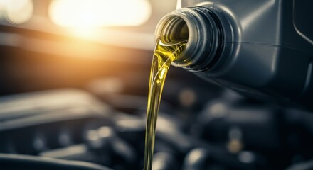Engine Oil Pour Golden Liquid with Shiny Car Care.