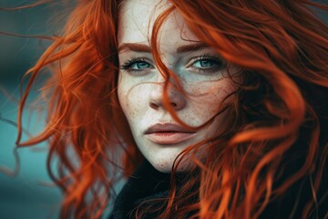 Fototapeta premium Close up portrait of a gorgeous redhead female model with freckles, her wavy hair blowing in the wind
