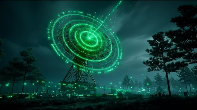 Military radar station scanning the night sky with glowing green radar circles and digital data overlay — futuristic defense technology - Powered by Adobe
