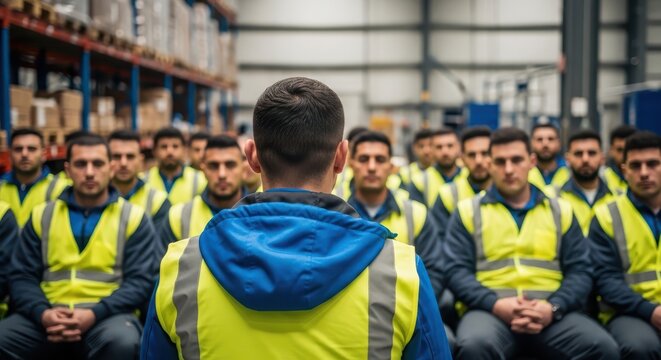 A manager addresses a group of uniformed workers in a warehouse setting