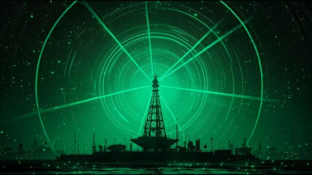 Military radar station scanning the night sky with glowing green radar circles and digital data overlay &mdash; futuristic defense technology