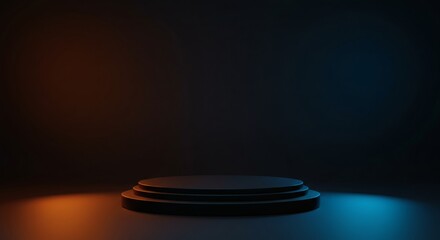Modern Display Minimalist podium platform in dark orange and blue backlight.
