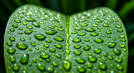 Close Up Green Leaf with Water Droplets Fresh Nature Scene
